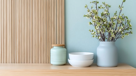 Ceramic vase with blooming branches on wooden table in roomの写真素材