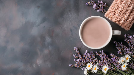 Cup of hot chocolate with knitted scarf and bouquet of flowers on dark backgroundの写真素材