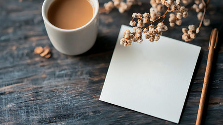 Coffee cup and blank paper on wooden table, stock photo