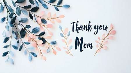 Thank you mom text and eucalyptus branches on white backgroundの写真素材