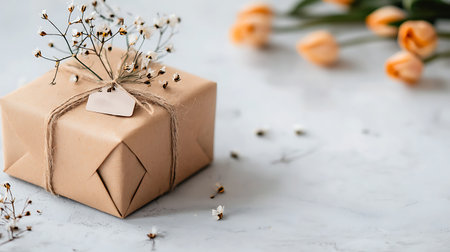 Gift box wrapped in kraft paper and tied with twine with flowersle backgroundの写真素材