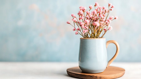 Vase with beautiful gypsophila flowers on table against color backgroundの写真素材