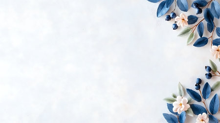 Creative layout made of blue flowers and leaves on white background. Flat lay, top view, copy spaceの写真素材