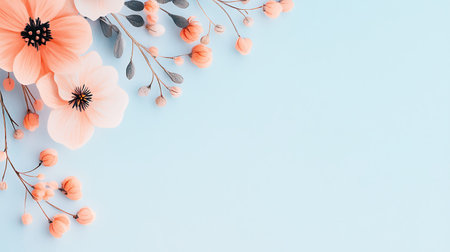 Flowers composition. Pastel spring flowers on pastel blue background. Flat lay, top view, copy space