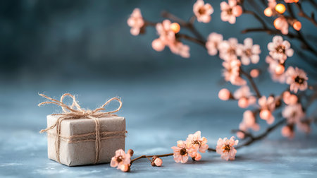 Gift box with pink flowers on a blue background. Toned.の写真素材