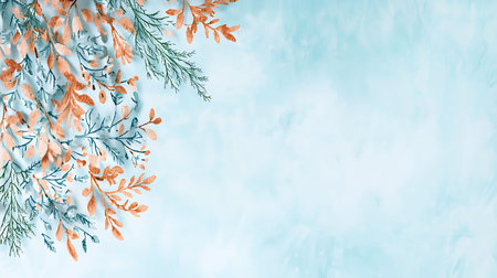 Watercolor floral background. Hand painted leaves and branches on a blue background.の写真素材