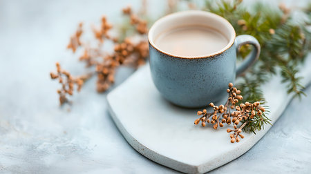 Cup of coffee with milk and christmas decoration on white backgroundの写真素材