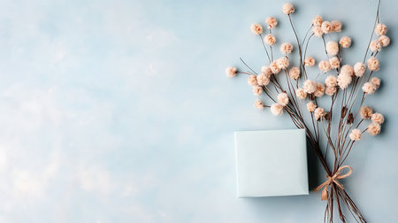 Flowers composition. Gift box and dried flowers on pastel blue background. Flat lay, top view, copy spaceの写真素材