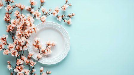 Cherry blossom flowers and white plate on pastel blue background
