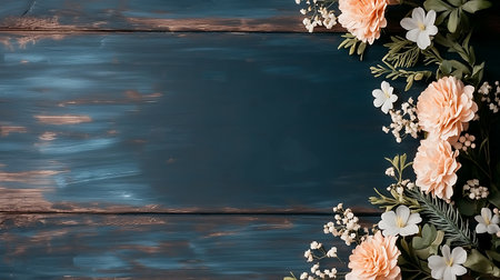 Beautiful flowers on blue wooden background, top view, copy spaceの写真素材
