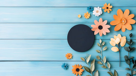 Flowers on blue wooden background. Flat lay, top view.