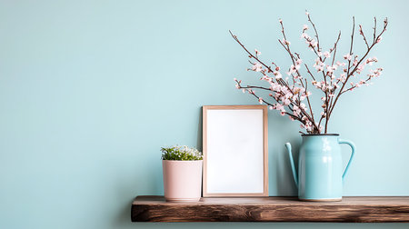 Blooming branch of apricot in vase and picture frame on wooden shelf against turquoise wall