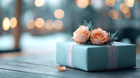 Beautiful gift box on wooden table, closeup. Romantic presentの写真素材