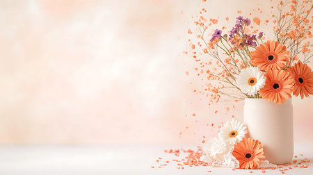 Bouquet of flowers in vase on pastel background.の写真素材