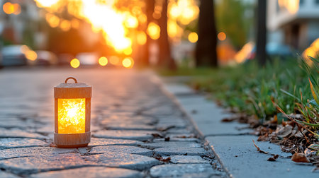 Lantern on the pavement in the city at sunset. Selective focus.の写真素材