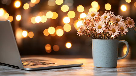 Laptop and bouquet of daisies on table in cafeの写真素材