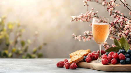 Glass of sparkling wine with berries and cookies on grey table, space for textの写真素材