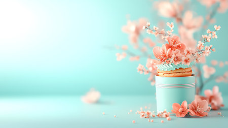 Cupcake with cherry blossom on blue background. 3d renderingの写真素材