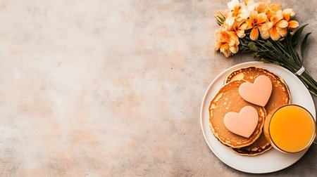 top view of tasty pancakes with hearts and orange juicele surfaceの写真素材