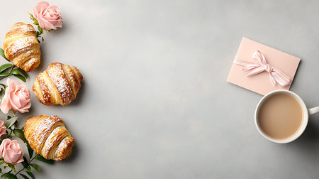 Flat lay composition with coffee and croissants on light backgroundの写真素材