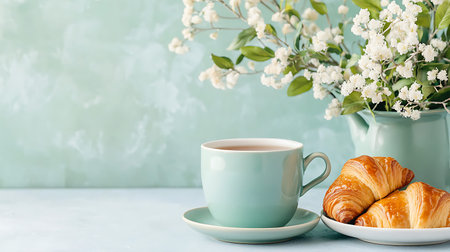 Cup of coffee and croissants with spring flowers on blue background