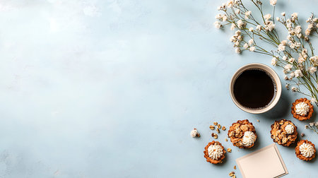 Cup of coffee and sweet muffins on blue background, top view
