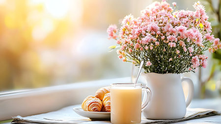 Cup of coffee, croissants and flowers on the windowsillの写真素材