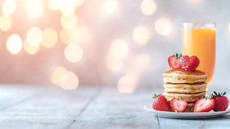 Pancakes with strawberries and a glass of orange juice on a wooden backgroundの写真素材