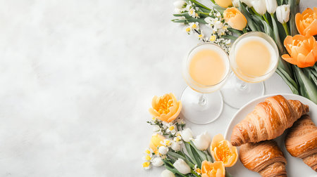 Glasses of tasty croissants and spring flowers on light background