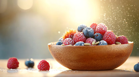 Bowl with fresh berries on wooden table, closeup. Healthy food