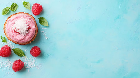 Raspberry tartlet with whipped cream and fresh raspberries on blue backgroundの写真素材