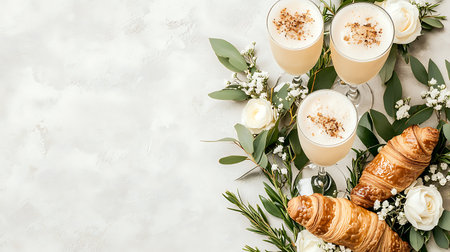 Coffee with milk and croissants on light background. Top view, copy spaceの写真素材