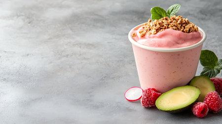Yogurt smoothie bowl with granola, fresh raspberries, avocado and mint on gray backgroundの写真素材