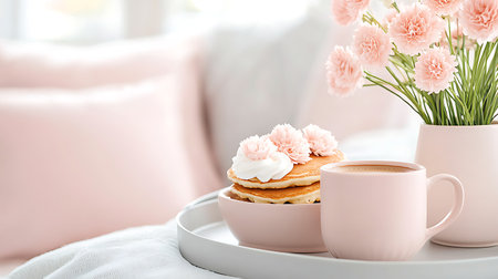 Plate with tasty pancakes and flowers on table in room, closeupの写真素材