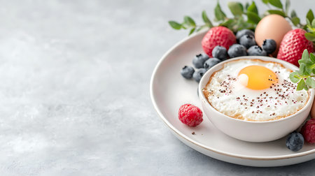 Cottage cheese with egg yolk and fresh berries on a light backgroundの写真素材