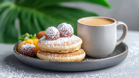 Cup of coffee and pancakes with berries on a gray background.の写真素材