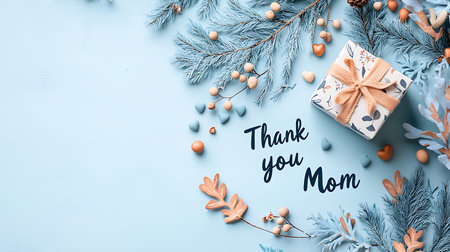Christmas greeting card. Top view flat lay with copy space on blue backgroundの写真素材