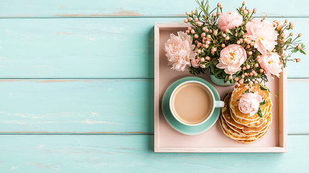 Cup of coffee with pancakes and flowers in box on wooden backgroundの写真素材
