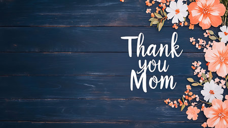 Thank you mom text with flowers on blue wooden background. Top viewの写真素材