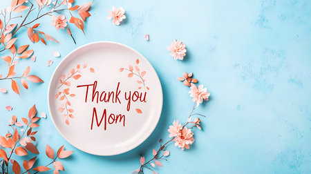 Thank you mom text on white plate with floral decoration on blue backgroundの写真素材