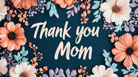 Thank you mom card with colorful flowers and leaves on dark blue background.の写真素材