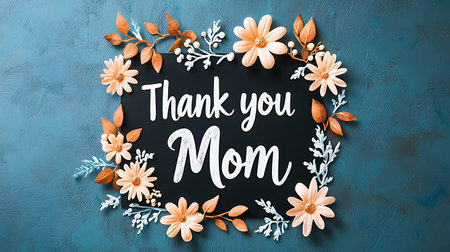 Thank you mom card with hand lettering and floral frame on blue background