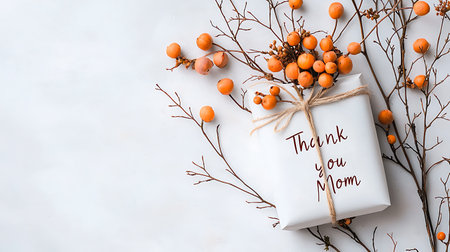 Christmas greeting card. White gift box with orange berries on white background. Top view, flat lay.の写真素材