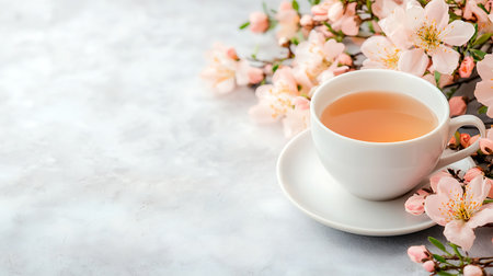 Cup of tea with cherry blossom flowersle background.の写真素材