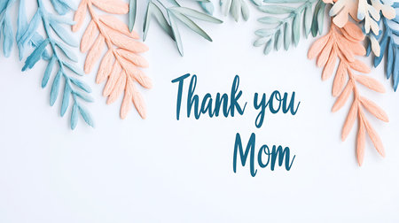 Thank you mom text and colorful leaves on white background, flat layの写真素材