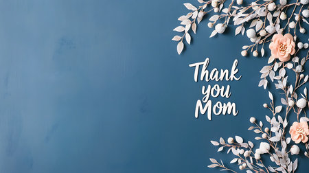 Thank you mom text with floral decoration on blue background, flat layの写真素材