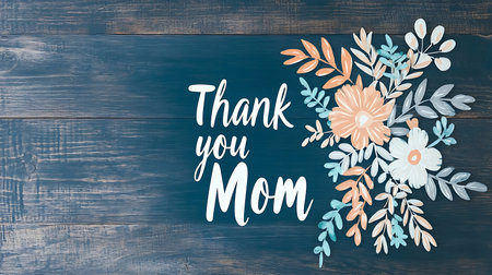Thank you mom text and floral decoration on blue wooden background, top viewの写真素材