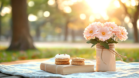 Bouquet of flowers and cookies on wooden table in parkの写真素材