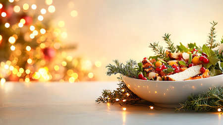 Christmas salad with cheese and vegetables in a bowl on a background of the Christmas treeの写真素材