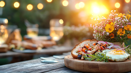 Healthy breakfast with fried egg, vegetables and bread on wooden table.の写真素材